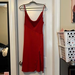 Red silk thigh high slit